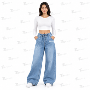 Pantalon décontracté taille haute classique avec poches, coupe large, en jean respirant pour femme, modèle OEM - Product Image 1