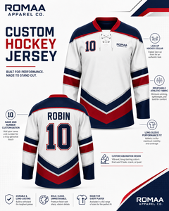 Camiseta de hockey sobre hielo para hombre, sublimada, personalizada, en blanco, azul marino y rojo, con cuello con cordones y nombre y número personalizados. - Product Image 1