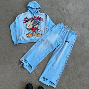 Chándal de invierno para hombre, estilo urbano, de forro polar, poliéster/algodón, patchwork, transpirable, de secado rápido, con lavado ácido, efecto descolorido por el sol, con pedrería y cremallera - Product Image 2