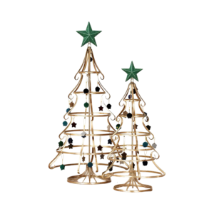 Ensemble d'arbres de Noël classiques décoratifs verts, 2 ornements métalliques, arbres en fil métallique ornés, étoiles de sommet, éclairage LED, intérieur/extérieur, pour les fêtes - Product Image 1