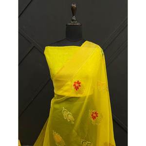 FANCY BANARASI ORGANZA ORO ZARI JACQUARD MEENAKARI TEJIDO TRABAJO SAREE CON BLUSA SIN COSTAR AMARILLO - Product Image 1