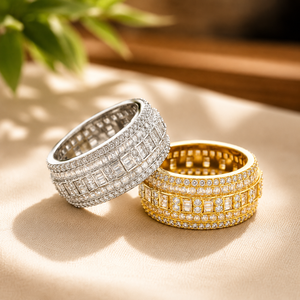 Anillo de Eternidad Completo Chapado en Oro de 18K con Moissanita de Corte Redondo, Banda de Boda y Joyería de Compromiso con Diamantes Baguette para Mujer - Product Image 1