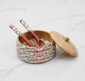 Handmade Wooden Serving <b>Bowl</b> <b>With</b> <b>Lid</b> And Printed Salad Servers Floral Design Acacia Wood Food Container - Product Image 3