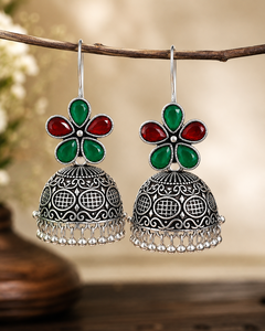 Pendientes Colgantes de Flor de Plata Oxidada, Chapados en Estilo Antiguo, con Piedras Rojas y Verdes, Joyería para Bodas y Fiestas - Product Image 5