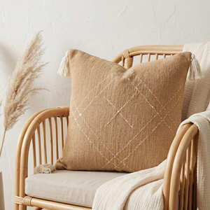Housse de coussin géométrique bleue texturée, coussin décoratif moderne style ferme avec pompon 45 × 45 cm - Product Image 3
