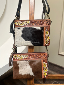 Hand Tooled Leather Cowhide Mini Crossbody Bag for <b>Women's</b> Wristlet Mobile Purse Custom Branded Western Cowhide Leather Handbag - Product Image 4