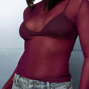 Camiseta de malla de manga larga con cuello redondo y ajuste ceñido para mujer, 100% algodón transpirable, venta al por mayor, sexy, de verano - Product Image 3