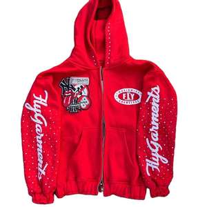 Sudadera con capucha y cremallera para hombre, con múltiples parches de pedrería, 2026, Rojo, Amarillo, Negro, Azul Marino, con texto cursivo brillante, estilo urbano, HD - Product Image 1