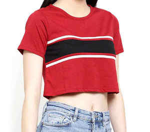 Women's <b>Red</b> <b>Crop</b> <b>Top</b> Short Sleeve V-Neck Striped Color Block Knitted Casual T-Shirt - Product Image 5
