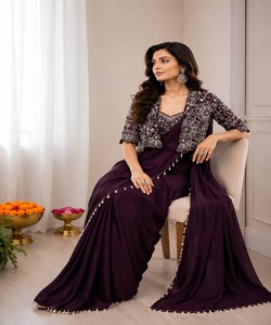 Sari en soie élégant avec chemisier brodé pour femme, tenue ethnique de mariage, prêt-à-porter, longueur ras du sol, coupe classique 82846 BB-59 - Product Image 2