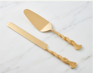 Juego de utensilios para servir pasteles de acero inoxidable con acabado en oro mate y mango en espiral para bodas y celebraciones especiales - Product Image 1