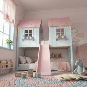 Customized Color Eco-friendly Convertible Wooden Bunk <b>Bed</b> for Kids ith <b>Slide</b> Comfortable Bedroom Furniture Modern Kids Furniture - Product Image 4