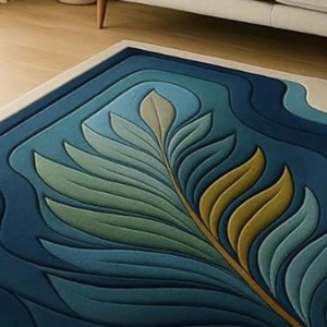Tapis en laine moderne bleu à motif de feuilles |   Tapis botanique abstrait fait main, tapis décoratif artistique pour salon et chambre, tapis de sol doux - Product Image 5