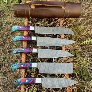 Juego de 5 Cuchillos de Chef de Acero de Damasco, Hechos a Mano, Grado Industrial, Hojas con Borde Biselado, Mango de Cuero, Garantía de 3 Años - Product Image 2