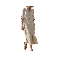 Robe chemise décontractée en lin et coton bleu clair pour femme, tunique unie à manches longues, coupe ample, idéale pour les vacances d'été et les loisirs.