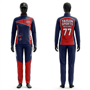 Traje de entrenamiento de voleibol premium para mujer, 220 GSM, poliéster y spandex, azul marino, rojo, cian, panel con logo sublimado - Product Image 6