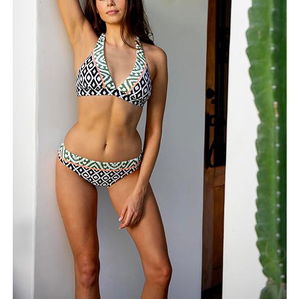 Conjuntos de bikini con estampado tribal geométrico para mujer, traje de baño acolchado con cuello halter y ribete en contraste, traje de baño de dos piezas - Product Image 4
