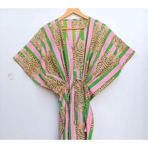 Premium Women Pink Green Tiger Print Cotton Kaftan <b>Dress</b> <b>Boho</b> Safari Resort Wear Maxi <b>Dress</b> - Product Image 1