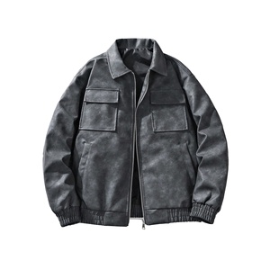 Veste d'hiver unisexe noire surdimensionnée à coupe ample, en cuir véritable, avec broderie intégrale personnalisée, style hip-hop, tie-dye, fermeture éclair OEM - Product Image 1