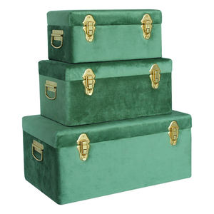 Boîte à bijoux rectangulaire en métal vert durable, ensemble de 3 couches empilables avec couvercle à charnière, design classique, boîte de rangement en tissu - Product Image 1