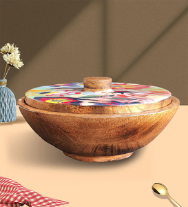 Professional Indian Supplier of Handcrafted Mango Wood Serving <b>Bowl</b> – Floral Enamel Print <b>with</b> <b>Lid</b> for Kitchen & Hospitality - Product Image 1