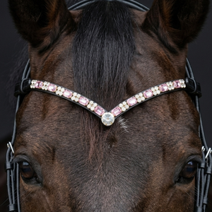 Frontal de dressage équestre en cuir, artisanal de qualité supérieure, anatomique en V, orné de strass en cristal rose et blanc haute clarté - Product Image 6