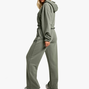 Pantalon décontracté d'hiver pour femme, coupe oversize, couleur unie, devant plat, taille mi-haute élastique, 100 % coton molletonné respirant, jambe droite classique - Product Image 3