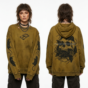 Sweat à capuche personnalisé 350 GSM bleu ardoise avec imprimé manches fleur d'hibiscus, logo sur la poitrine, motif crâne, style surf, skate, cult, vague, fabrication usine - Product Image 5
