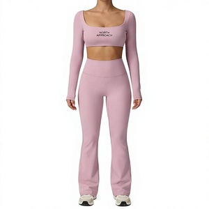 North Approach 2 Piece Yoga Set Pink Square Neck Long Sleeve Crop Top High Waist Full Length <b>Flared</b> <b>Leggings</b> Breathable Seamless - Product Image 1