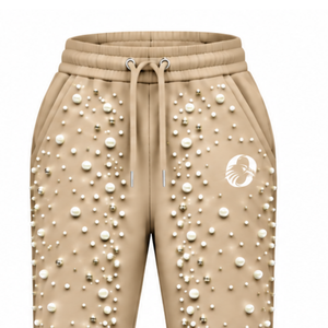 Custom Beige Pearl Beaded <b>Jogger</b> Pants <b>Women</b> Fashion Embellished Drawstring Sweatpants Luxury Casual Streetwear <b>Fleece</b> Bottoms - Product Image 3