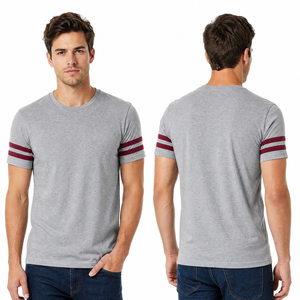 Camiseta clásica para hombre con rayas en las mangas, cuello redondo, gris jaspeado, granate, doble rayas, camiseta informal de manga corta. - Product Image 1