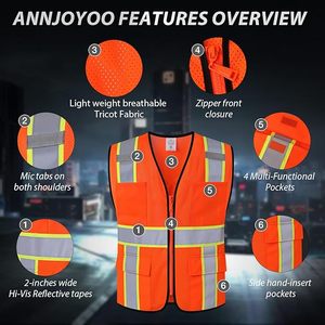 เสื้อกั๊กนิรภัยสะท้อนแสงสำหรับผู้ชาย เสื้อทำงานสะท้อนแสง โพลีเอสเตอร์ พร้อมซิปด้านหน้าและกระเป๋าหลายช่อง - Product Image 3