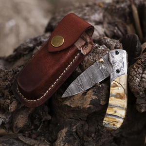 Couteau de poche pliant en acier Damas personnalisé, ultra-affûté, pour la chasse et les activités de plein air, avec étui en cuir, support OEM, garantie 3 ans - Vente Flash - Product Image 2