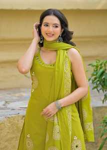 Premium Lime Green 60x60 Cotton Applique Embroidered Suit Set with Sleeveless <b>Kurta</b> Palazzo and Dupatta for <b>Women</b> - Product Image 4