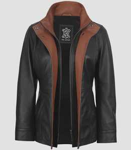 Veste en cuir noir pour femme, col haut, en peau de mouton, avec détails marron, entièrement doublée - Product Image 2