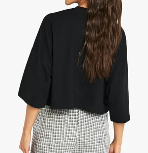 Camiseta Corta de Última Moda para Mujer, Color Negro, Cuello Redondo con Botones, Ligera, Talla Grande, Atuendo de Verano para Fiesta - Product Image 6