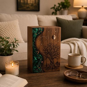 Urne funéraire en bois personnalisée de style américain, gravure Arbre de Vie, écologique, durable, finition bois brun/naturel 200/220 - Product Image 2