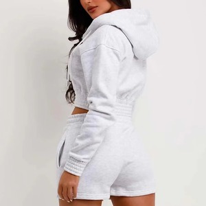 Women Hooded <b>Cropped</b> Sweatshirt Set Solid Color Drawstring Shorts Casual Full Sleeve Zipper Front Tracksuit - Product Image 3