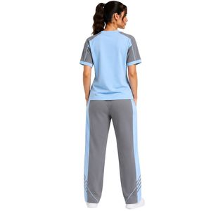 Conjunto de dos piezas informal personalizado para mujer, camiseta de manga corta azul cielo y gris y pantalones de pierna recta con estampado geométrico - Product Image 2
