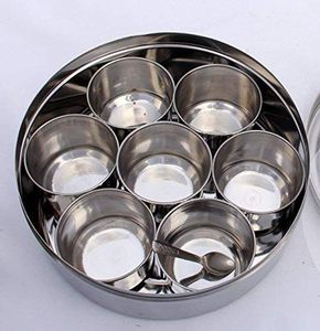 Boîte à épices en métal de fabrication directe, Masala Dabba, boîte à épices en acier inoxydable avec 7 récipients à condiments en métal, couvercle en verre, support à épices - Product Image 4
