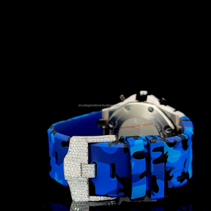 Montre de luxe avec bracelet en caoutchouc camouflage bleu - Montre chronographe avec lunette en or rose et moissanite - Montre sport sertie de diamants VVS - Product Image 5