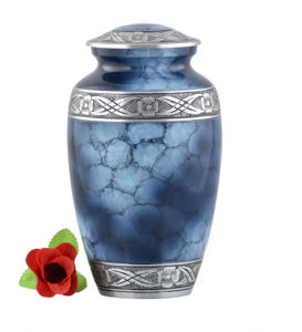 Wholesale Luxury Blue Mottle Metal Cremation Urn Bulk <b>Memorial</b> Jar with Elegant Floral Engraving and Polished Enamel Finish Art - Product Image 1