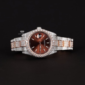 Montre de luxe pour homme, entièrement sertie de diamants Moissanite, cadran marron, acier inoxydable rose, style Hip Hop Bling - Product Image 6