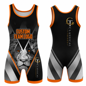Trajes de lucha libre de diseño personalizado para entrenamiento y competición, talla grande, color naranja y negro con bloques de color. - Product Image 1