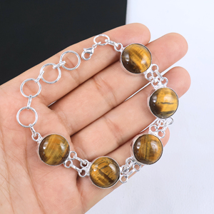 Wholesale 925 Sterling Silver Tiger Eye Link <b>Bracelet</b> Handcrafted Natural Opaque Gemstone Round <b>Stone</b> Chain <b>Bracelet</b> Jewelry - Product Image 1