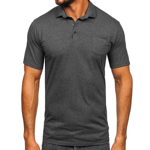 Polo à manches courtes gris foncé pour homme, en coton tricoté, couleur unie, décontracté, respirant, coupe classique, avec poche - Product Image 2