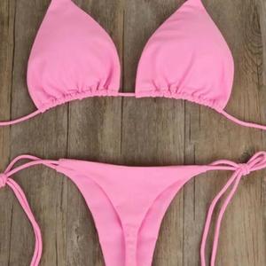 Low Price Women's <b>Blue</b> Solid <b>Bikini</b> <b>Set</b> 2 Piece Halter Tie Side Swimwear Stretch Spandex Polyester Beachwear - Product Image 3