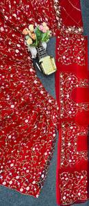 Lehenga Choli en soie brodée de fleurs rouges, sans plis, avec dupatta, tenue traditionnelle indienne pour mariage, Diwali, fête, pour femmes - Product Image 4