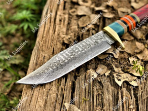 Couteau de chasse et de camping professionnel à lame fixe en acier Damas forgé à la main, pointe tombante, laiton coloré, vente chaude, ODM OBM - Product Image 5