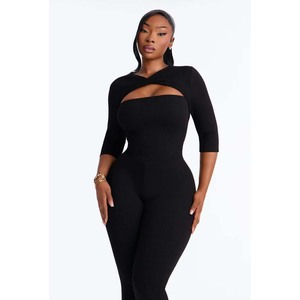 Combinaison en tricot noire pour femme, taille haute, longueur intégrale, avec détails ajourés, manches longues, sexy, tenue de club, coupe ajustée - Product Image 2